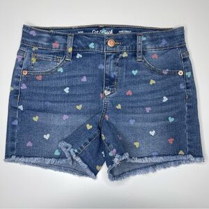 ❌SOLD❌Girls Cat & Jack Jean Shorts Allover Heart Design Frayed Hem LARGE 10/12
